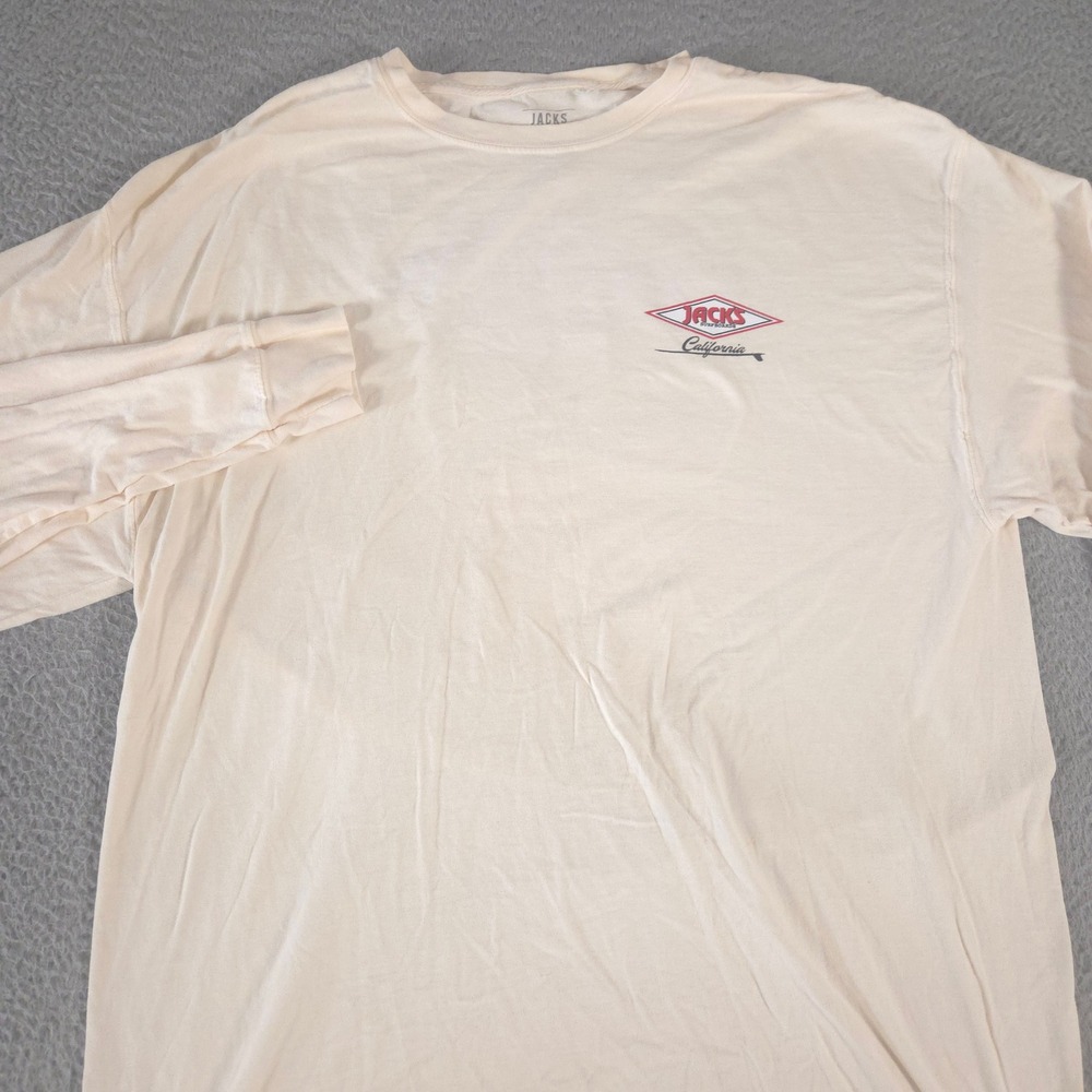 Jacks Surfboards Shirt Mens XL Cream California Graphic Cotton Long Sleeve Tee